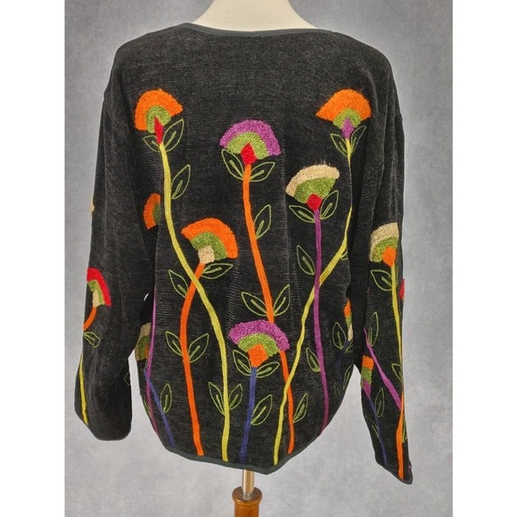 Vintage Black Chenille Sweater Cardigan Lined Embroidered Flowers, M, India Made - Picture 3 of 6